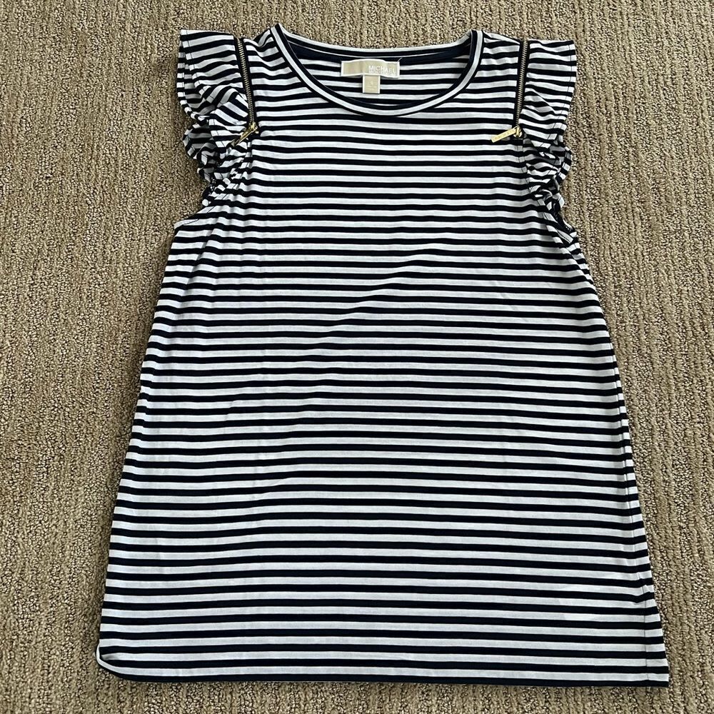 Michael Kors Blue and White Striped Blouse with Golden Zippers